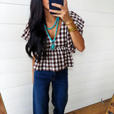 Gingham Bubble Sleeves Back Smocked Blouse Top In Brown - Infinity Raine