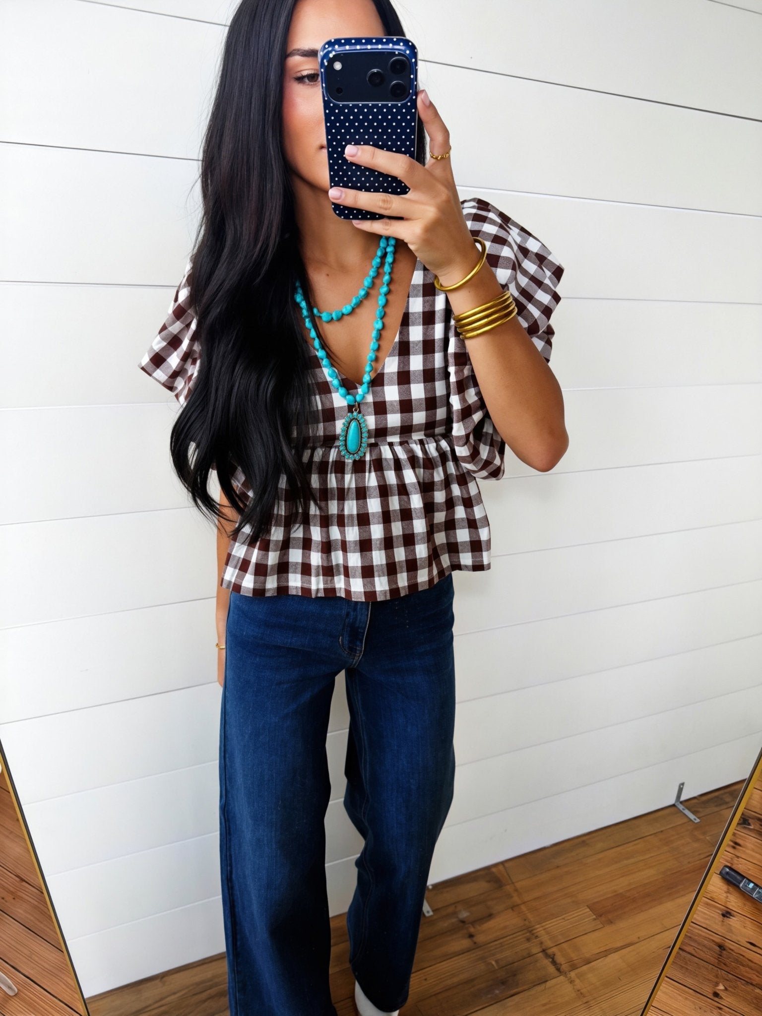 Gingham Bubble Sleeves Back Smocked Blouse Top In Brown - Infinity Raine