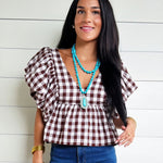 Gingham Bubble Sleeves Back Smocked Blouse Top In Brown - Infinity Raine