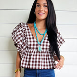 Gingham Bubble Sleeves Back Smocked Blouse Top In Brown - Infinity Raine