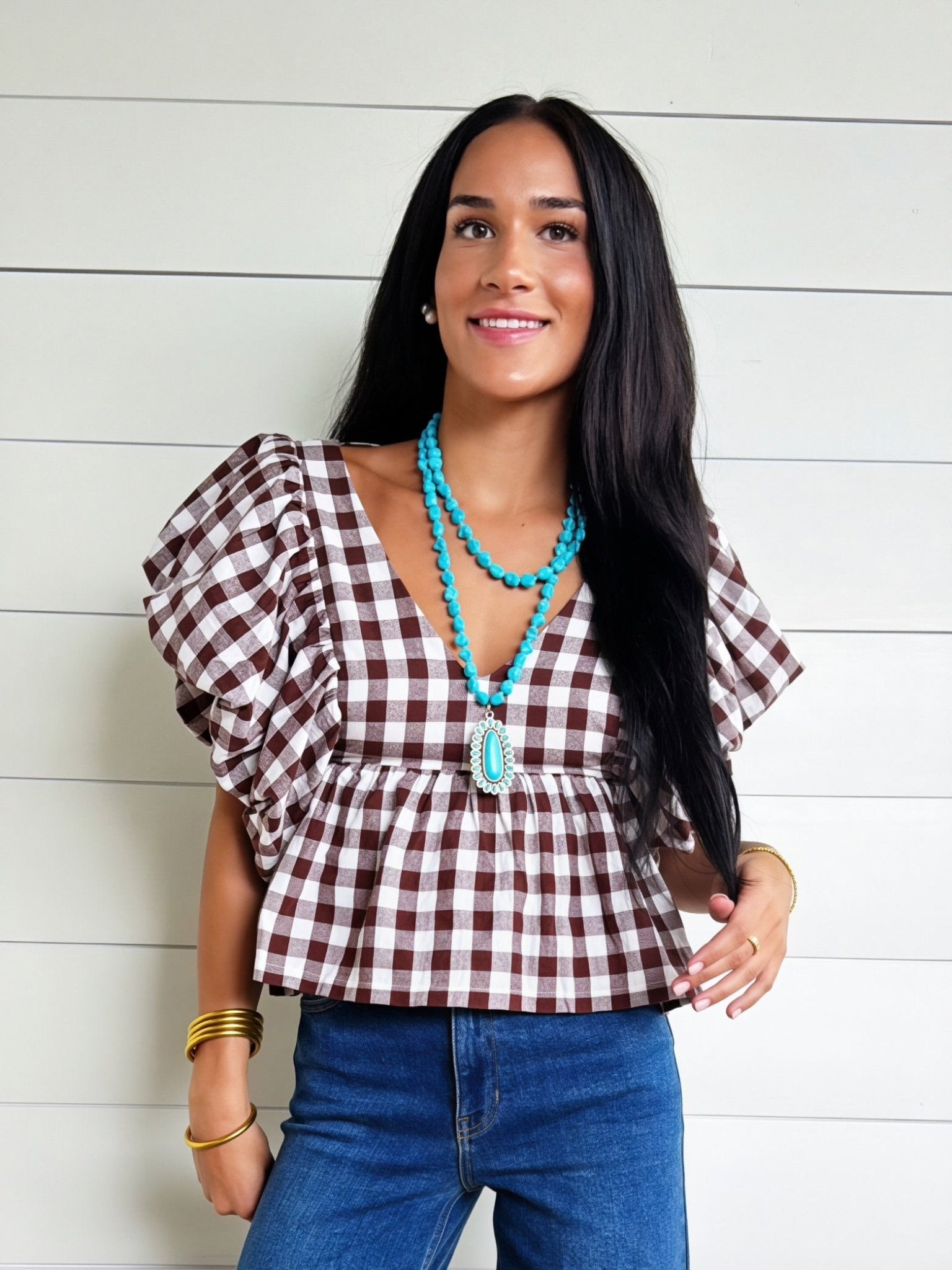 Gingham Bubble Sleeves Back Smocked Blouse Top In Brown - Infinity Raine