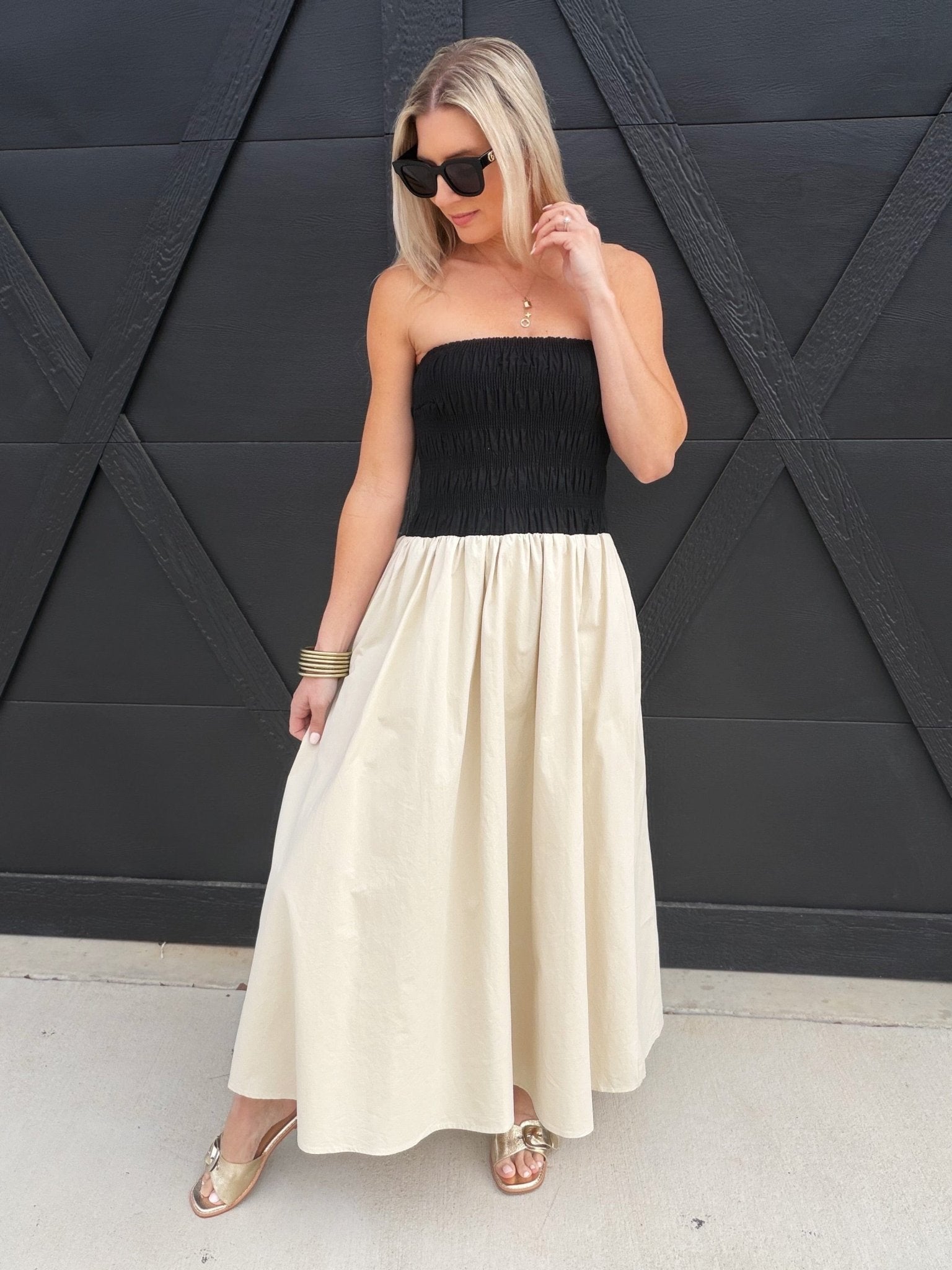 Giselle Bandeau Midi Dress In Black Beige Infinity Raine Giselle Bandeau Midi Dress In Black Beige Infinity Raine