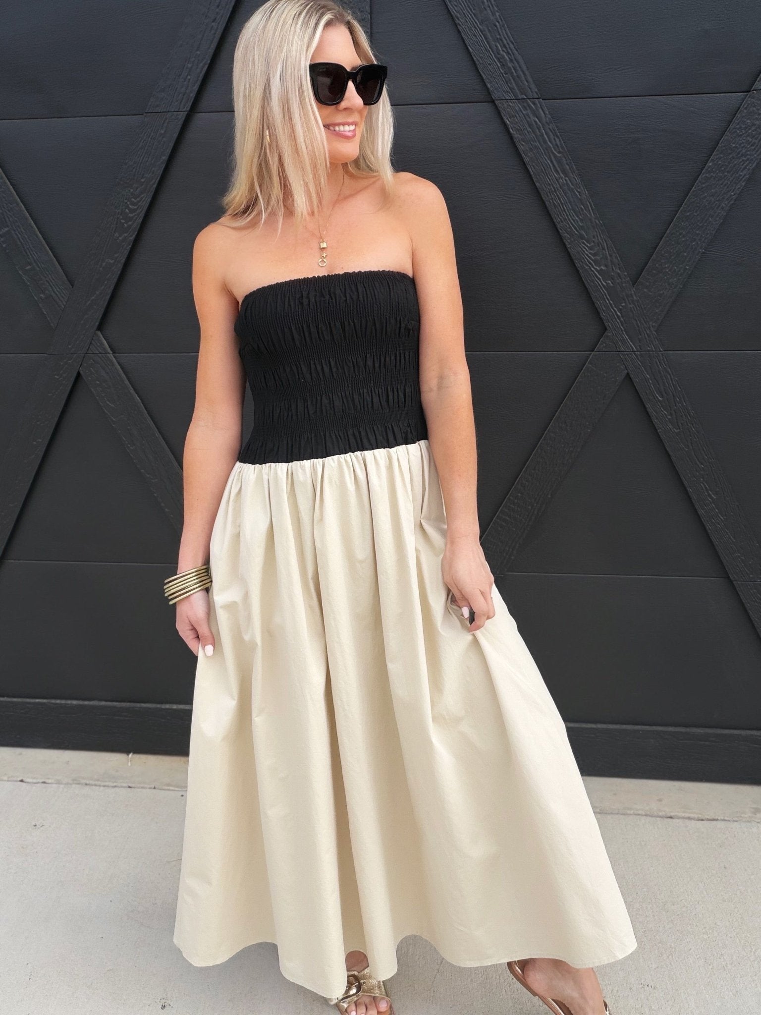 Giselle Bandeau Midi Dress In Black Beige Infinity Raine Giselle Bandeau Midi Dress In Black Beige Infinity Raine