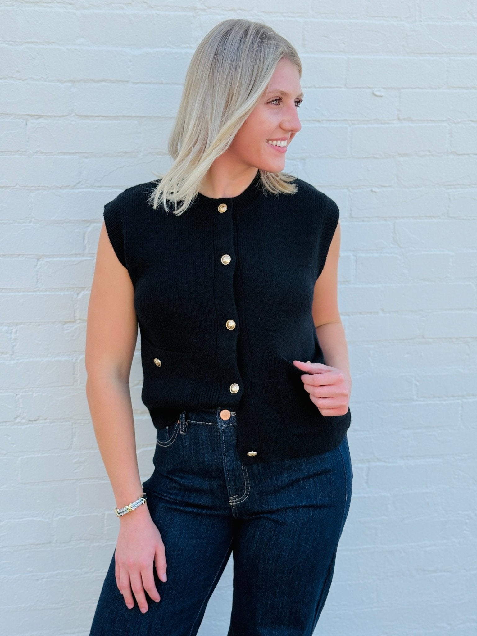 Gold Button Pocket Vest In Black - Infinity Raine