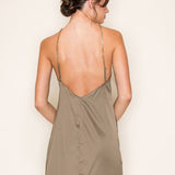 Gold Chain Halter Neck Satin Mini Skimmer Dress In Dark Olive - Infinity Raine