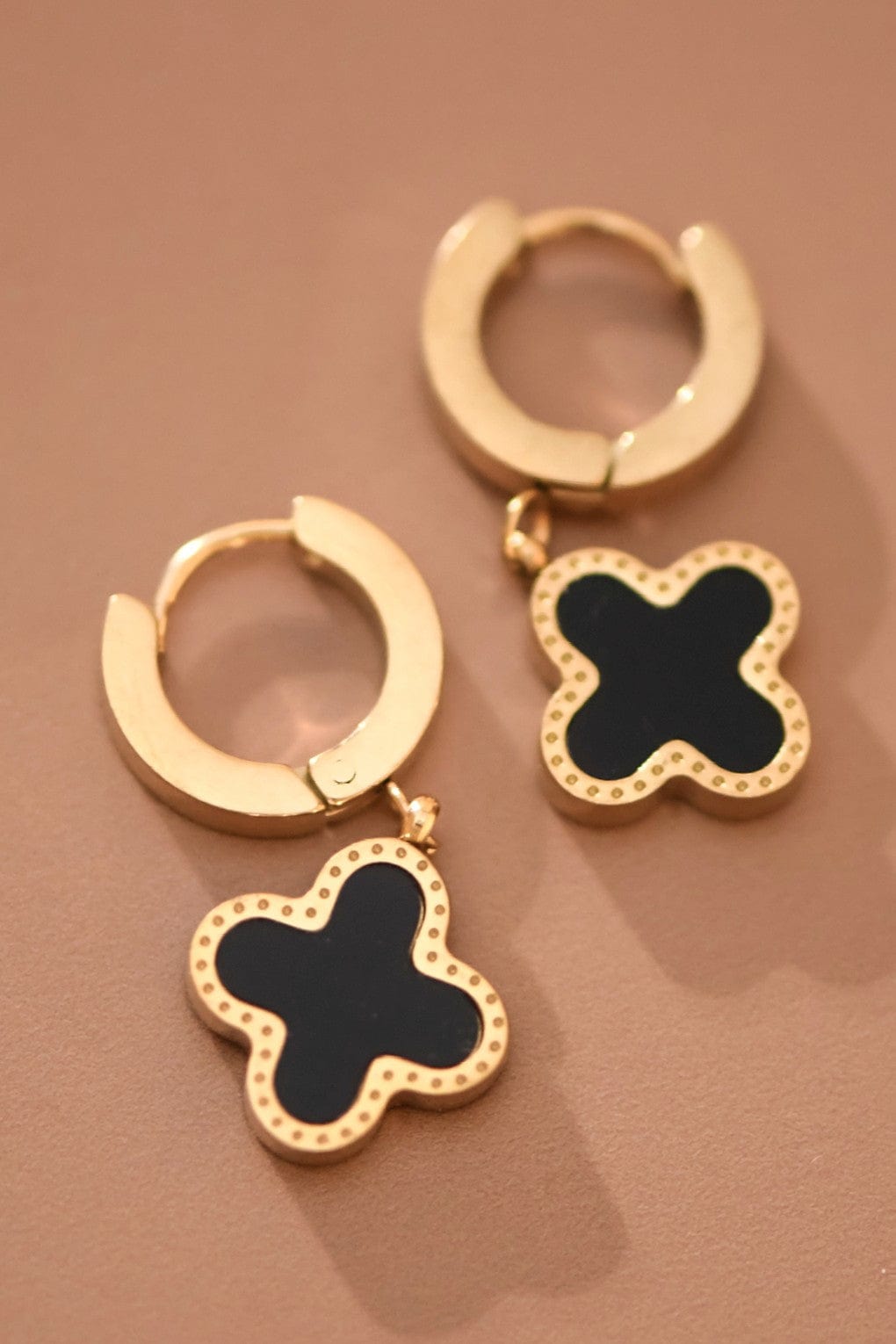Gold Clover Hoop Drop Earrings In Black - Infinity Raine
