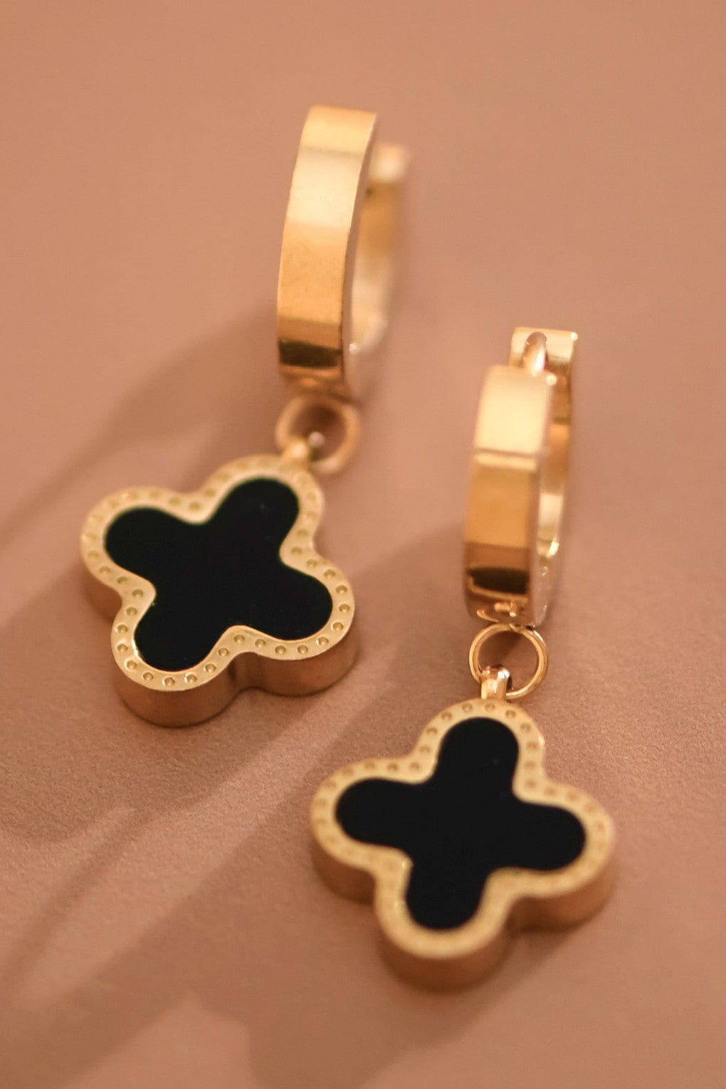 Gold Clover Hoop Drop Earrings In Black - Infinity Raine