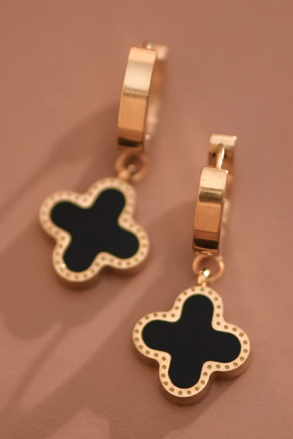 Gold Clover Hoop Drop Earrings In Black - Infinity Raine