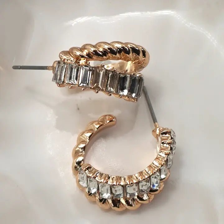 Gold Rhinestone Intwined Huggie Hoop Earrings - Infinity Raine