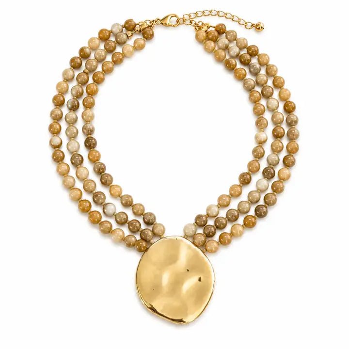 Gorgeously Draping Statement Beaded Necklace - 3 Row Marbled Beads In Light Brown - Infinity Raine