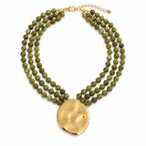 Gorgeously Draping Statement Beaded Necklace - 3 Row Marbled Beads In Olive - Infinity Raine