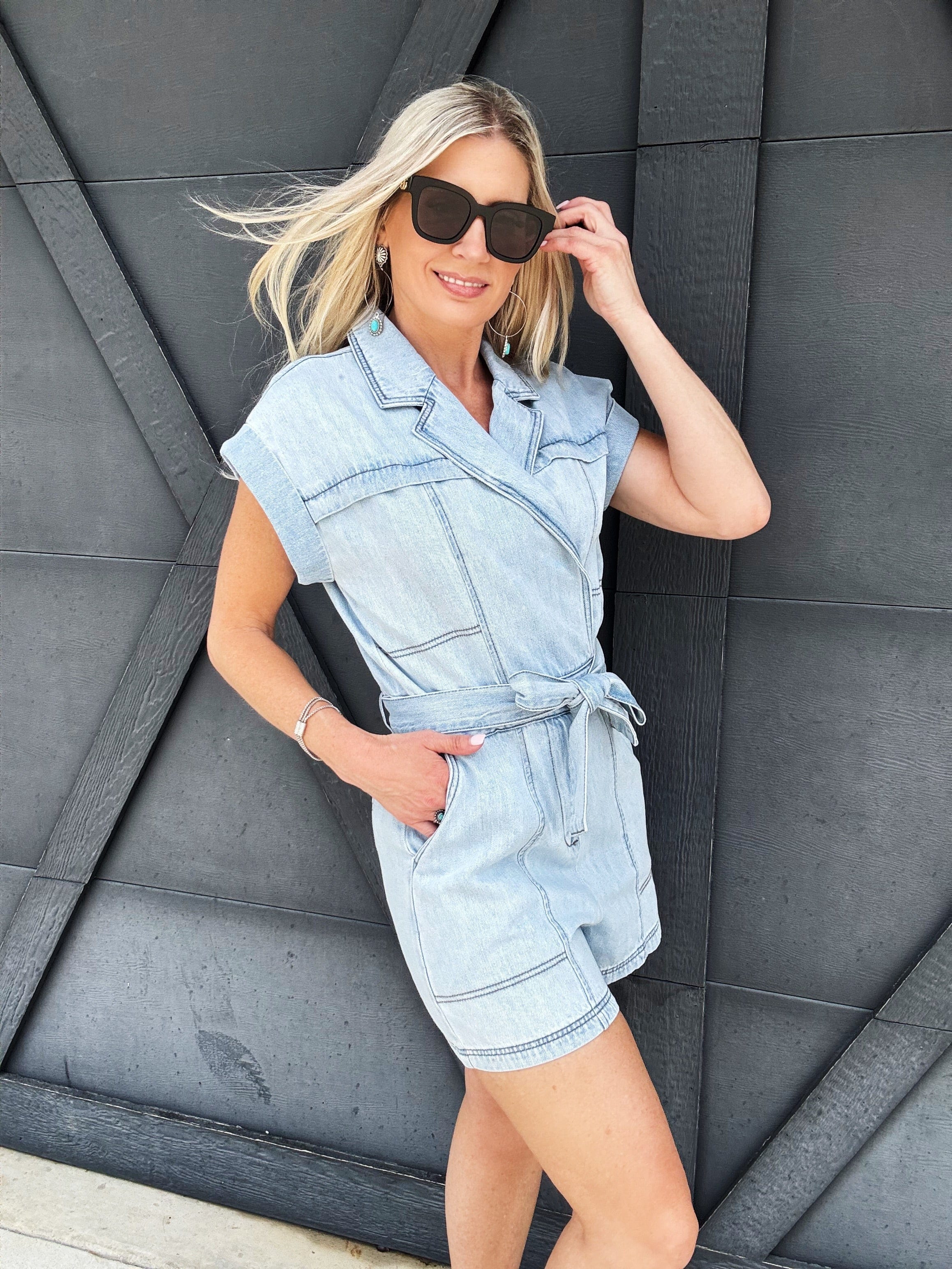 Habitual Jumpsuits & Rompers Habitual Crossfront Belted Romper In Coastal
