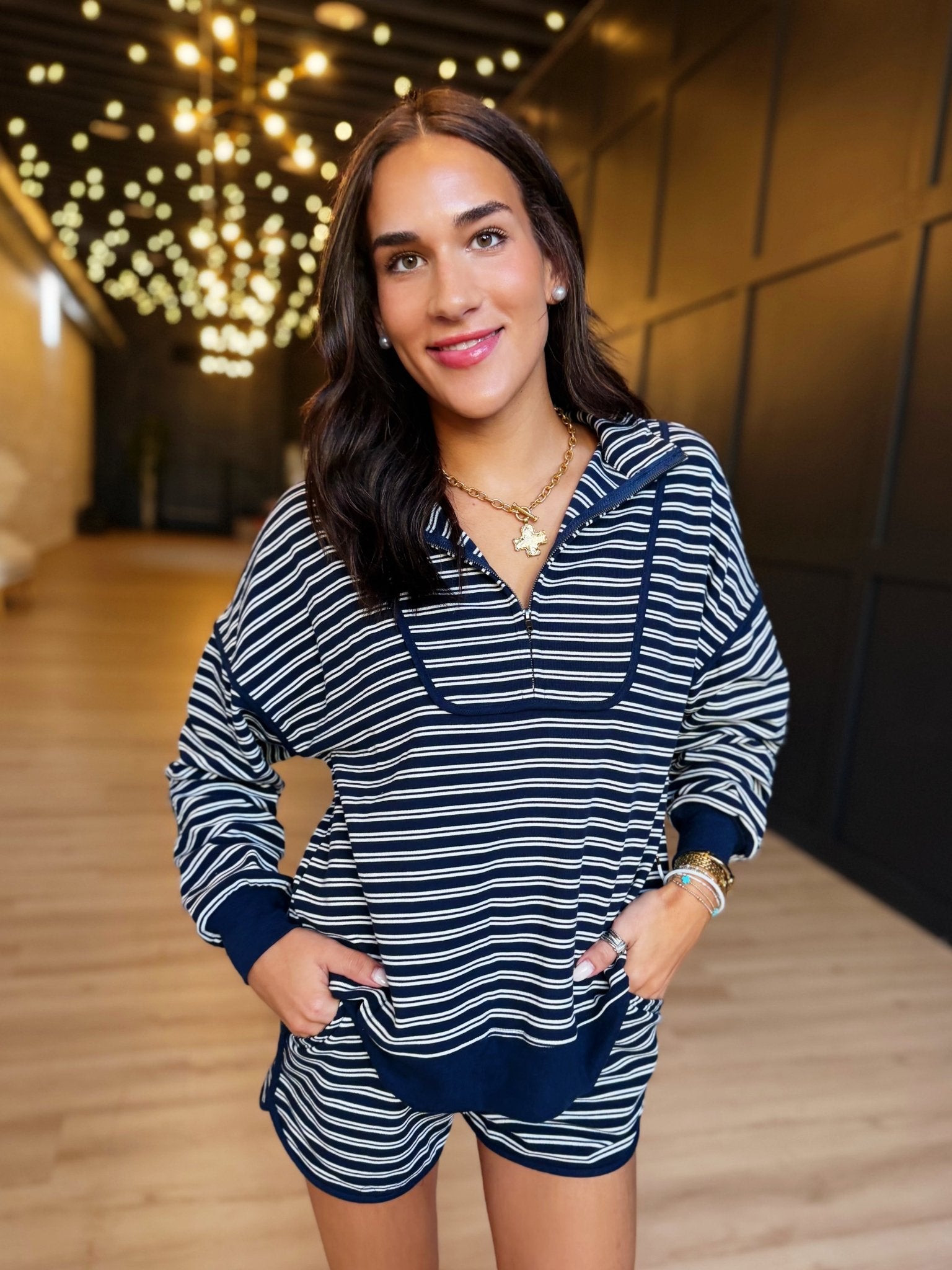 Half Zip Stripe Contrast Trim Long Sleeve Knit Top In Navy - Infinity Raine