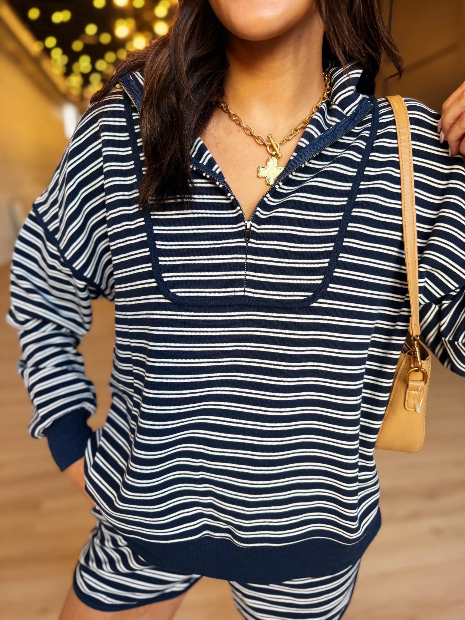 Half Zip Stripe Contrast Trim Long Sleeve Knit Top In Navy - Infinity Raine