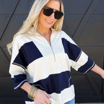 Half Zip Striped Collared Boxy Tee In Navy - Infinity Raine