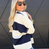 Half Zip Striped Collared Boxy Tee In Navy - Infinity Raine