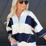 Half Zip Striped Collared Boxy Tee In Navy - Infinity Raine