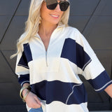 Half Zip Striped Collared Boxy Tee In Navy - Infinity Raine