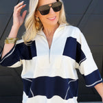 Half Zip Striped Collared Boxy Tee In Navy - Infinity Raine