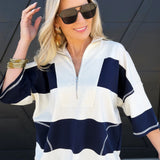 Half Zip Striped Collared Boxy Tee In Navy - Infinity Raine