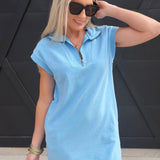 Half Zip Up Mock Neck Mini Dress In Blue - Infinity Raine