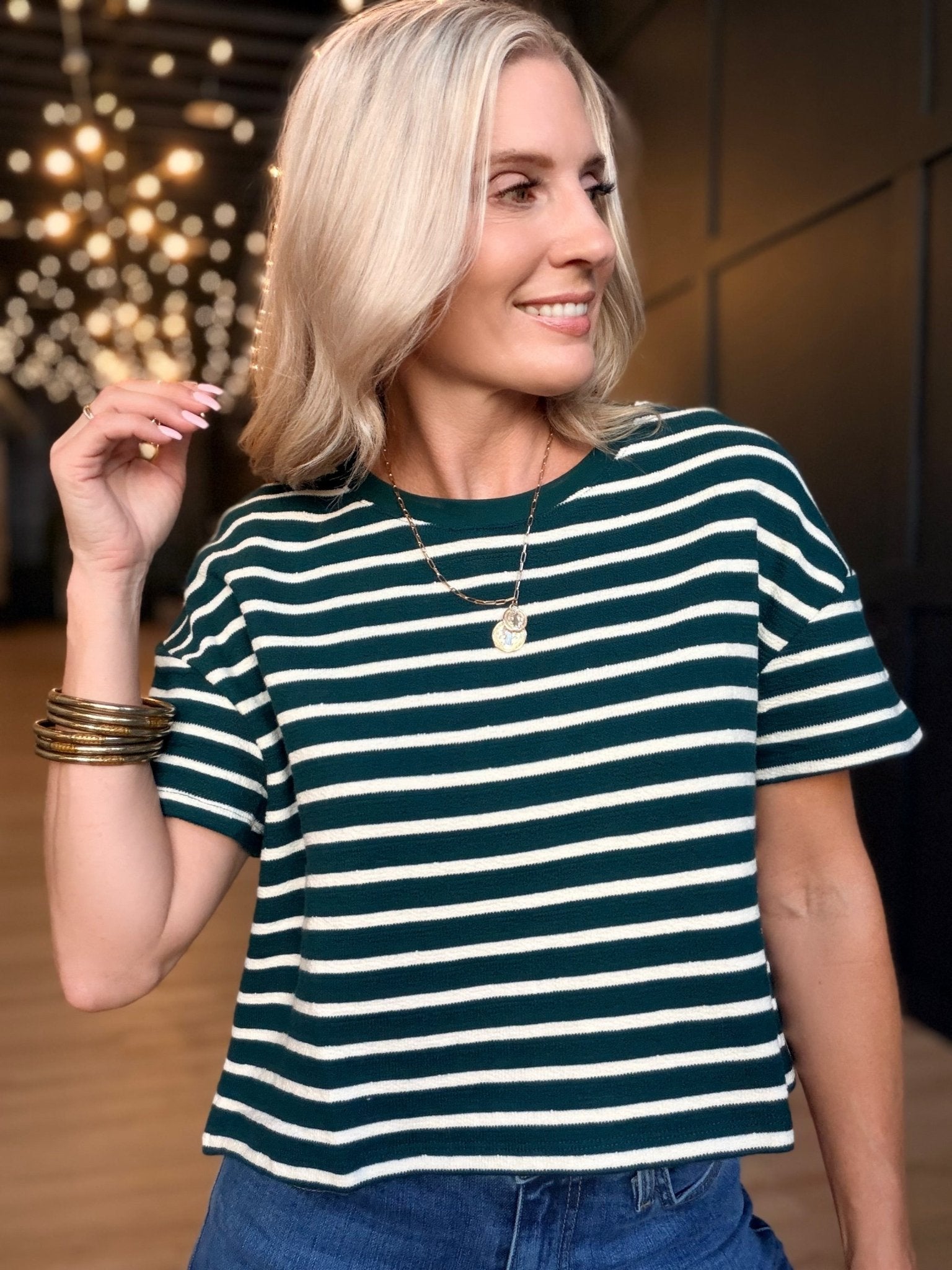 Hall Pass Stripe Tee In Hunter Green White - Infinity Raine