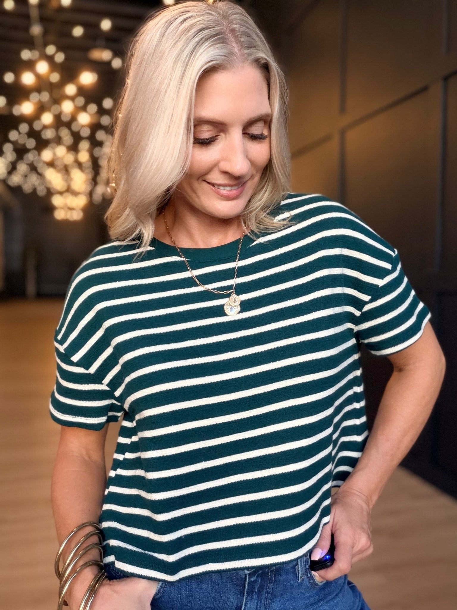 Hall Pass Stripe Tee In Hunter Green White - Infinity Raine