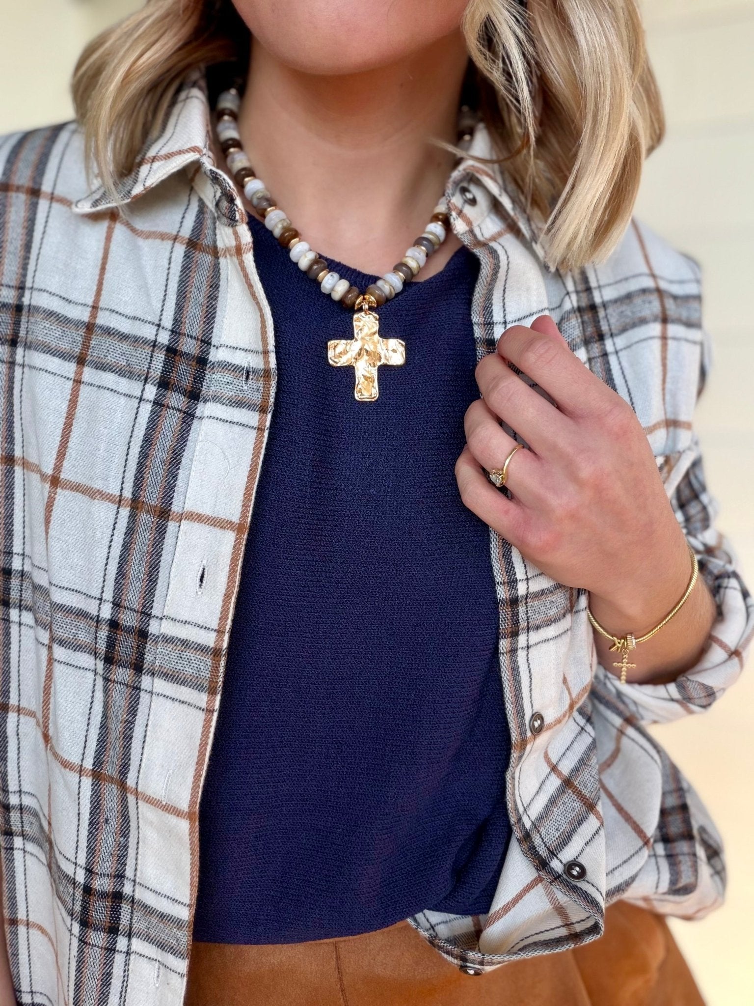 Hammered Cross Beaded Necklace - Infinity Raine