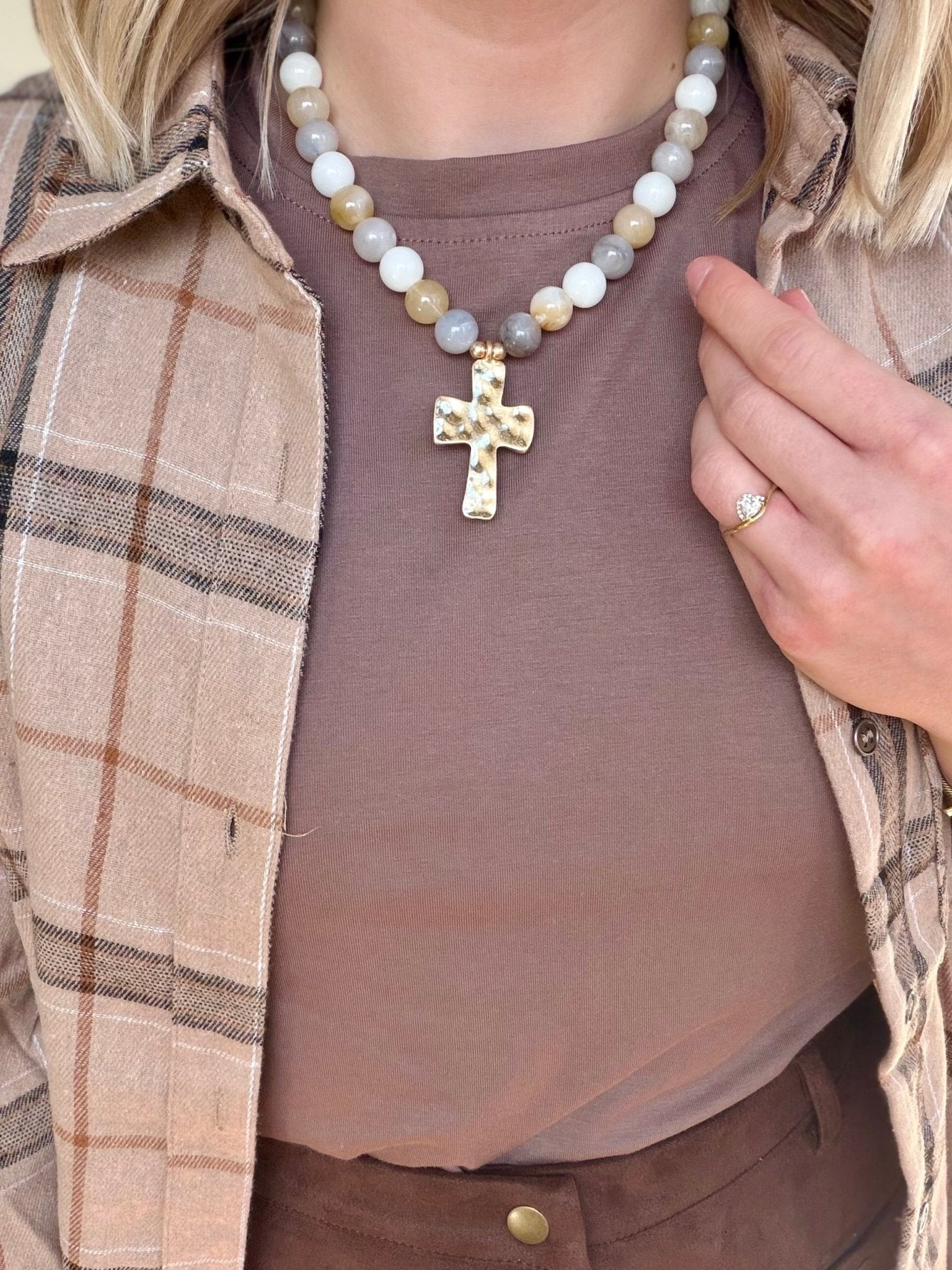 Hammered Cross Pendant Beaded Statement Necklace - Infinity Raine