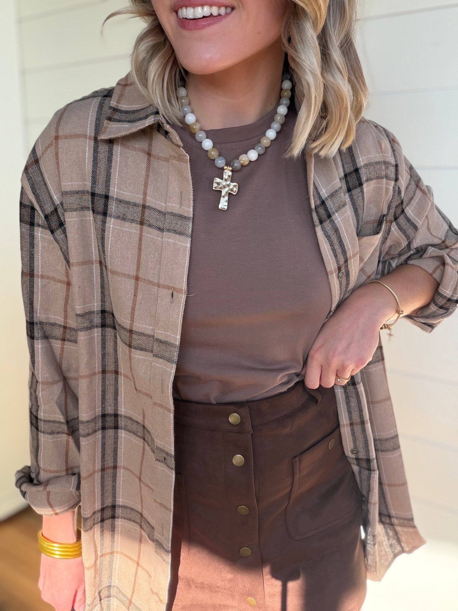 Hammered Cross Pendant Beaded Statement Necklace - Infinity Raine