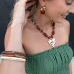 Hammered Heart Pendant Resin Beaded Necklace In Brown - Infinity Raine