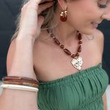 Hammered Heart Pendant Resin Beaded Necklace In Brown - Infinity Raine