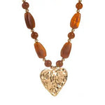 Hammered Heart Pendant Resin Beaded Necklace In Brown - Infinity Raine