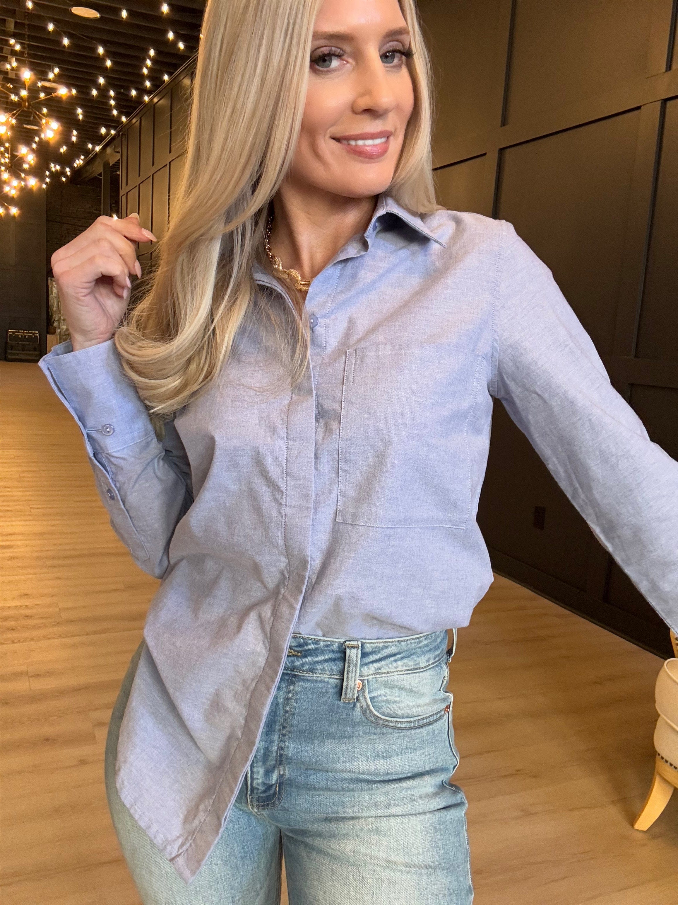 Hancock McKinney Untucked Button Down Bodysuit In Oxford Blue - Infinity Raine