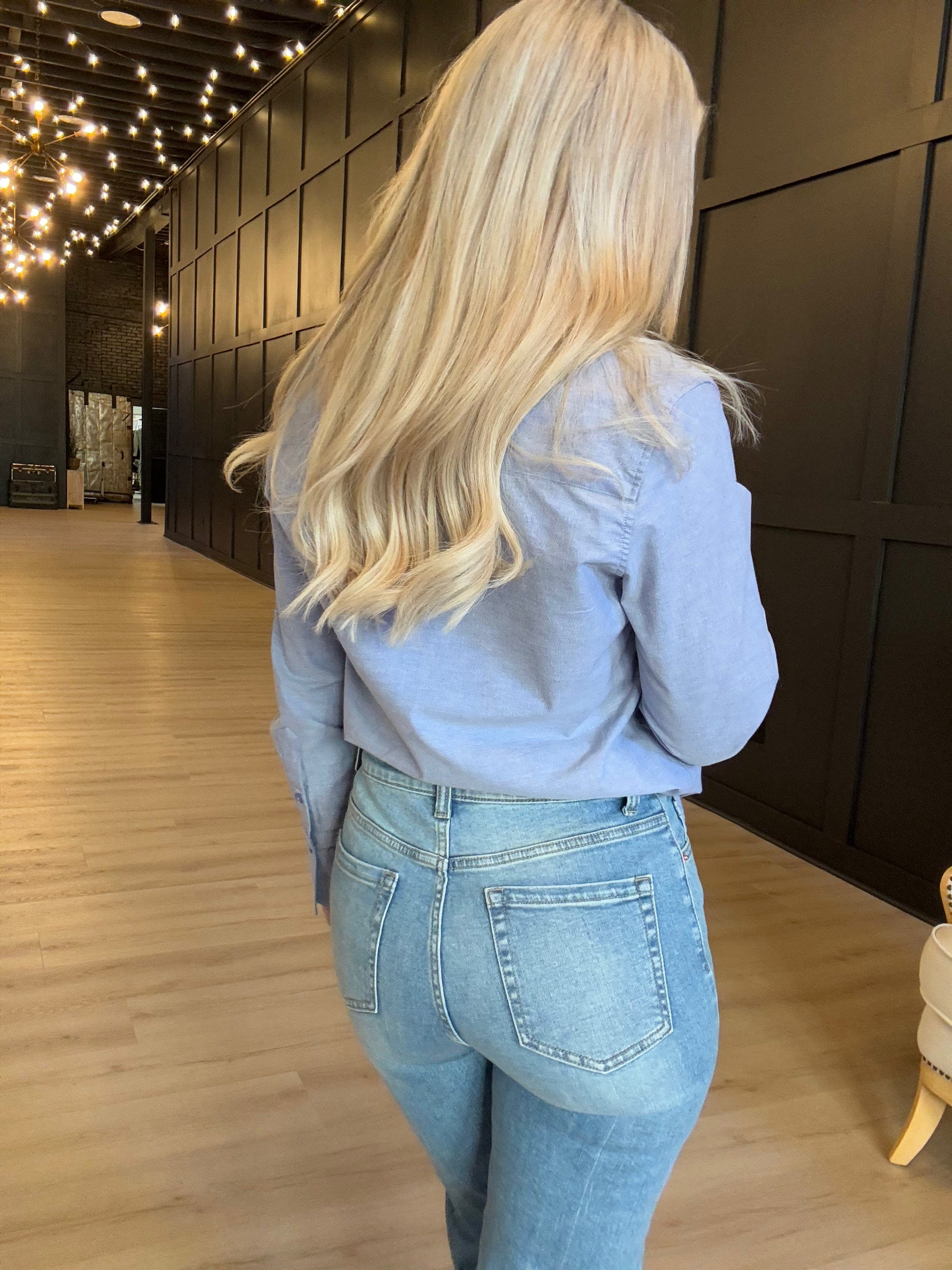 Hancock McKinney Untucked Button Down Bodysuit In Oxford Blue - Infinity Raine