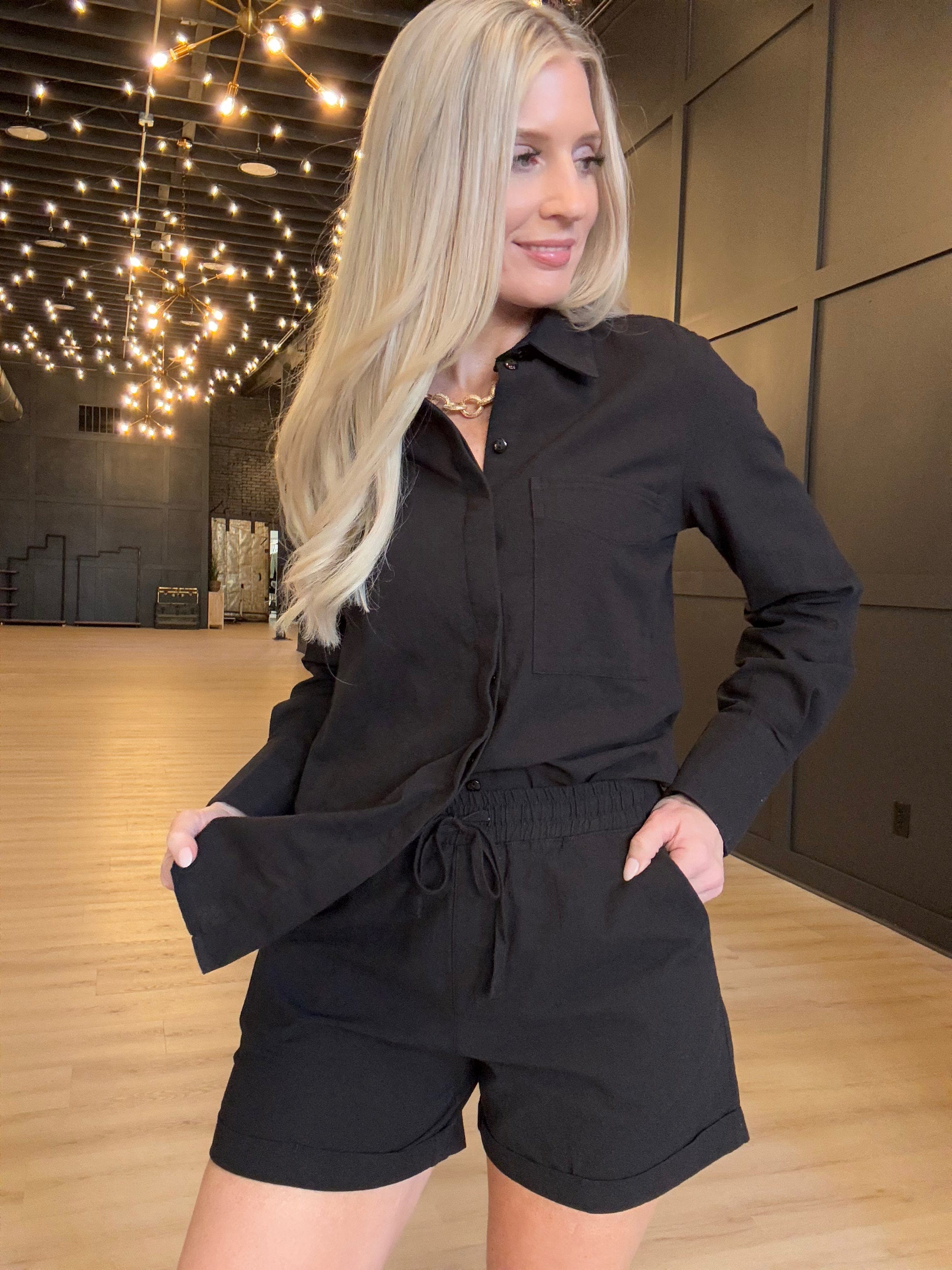 Hancock McKinney Untucked Button Down Bodysuit In Tocuyo Black - Infinity Raine
