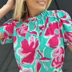Mock Neck Bubble Sleeve Floral Blouse In Turquoise - Infinity Raine
