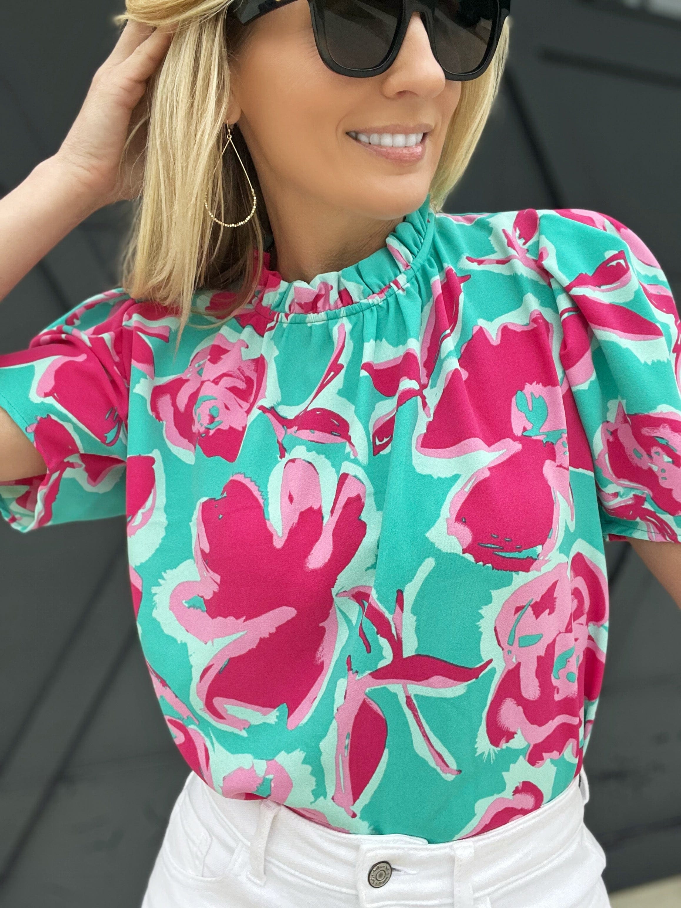 Haptics Tops - Blouses Mock Neck Bubble Sleeve Floral Blouse In Turquoise