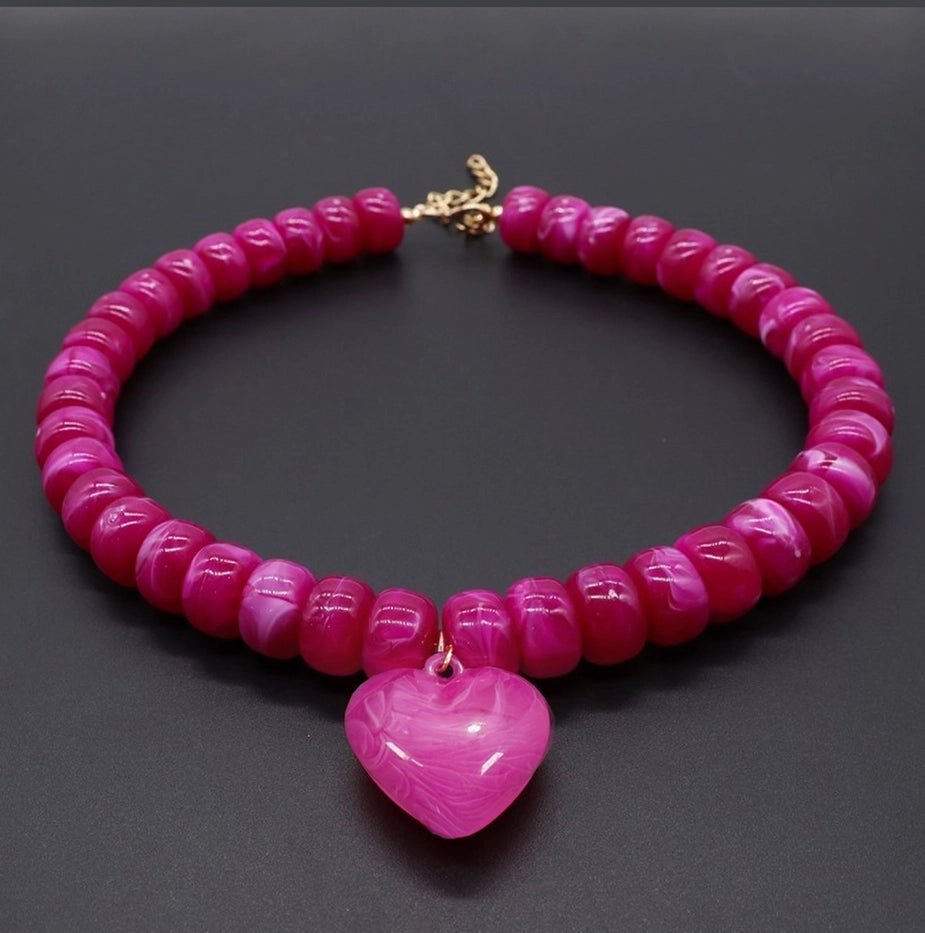Heart Pendant Resin Beaded Necklace In Fuchsia - Infinity Raine
