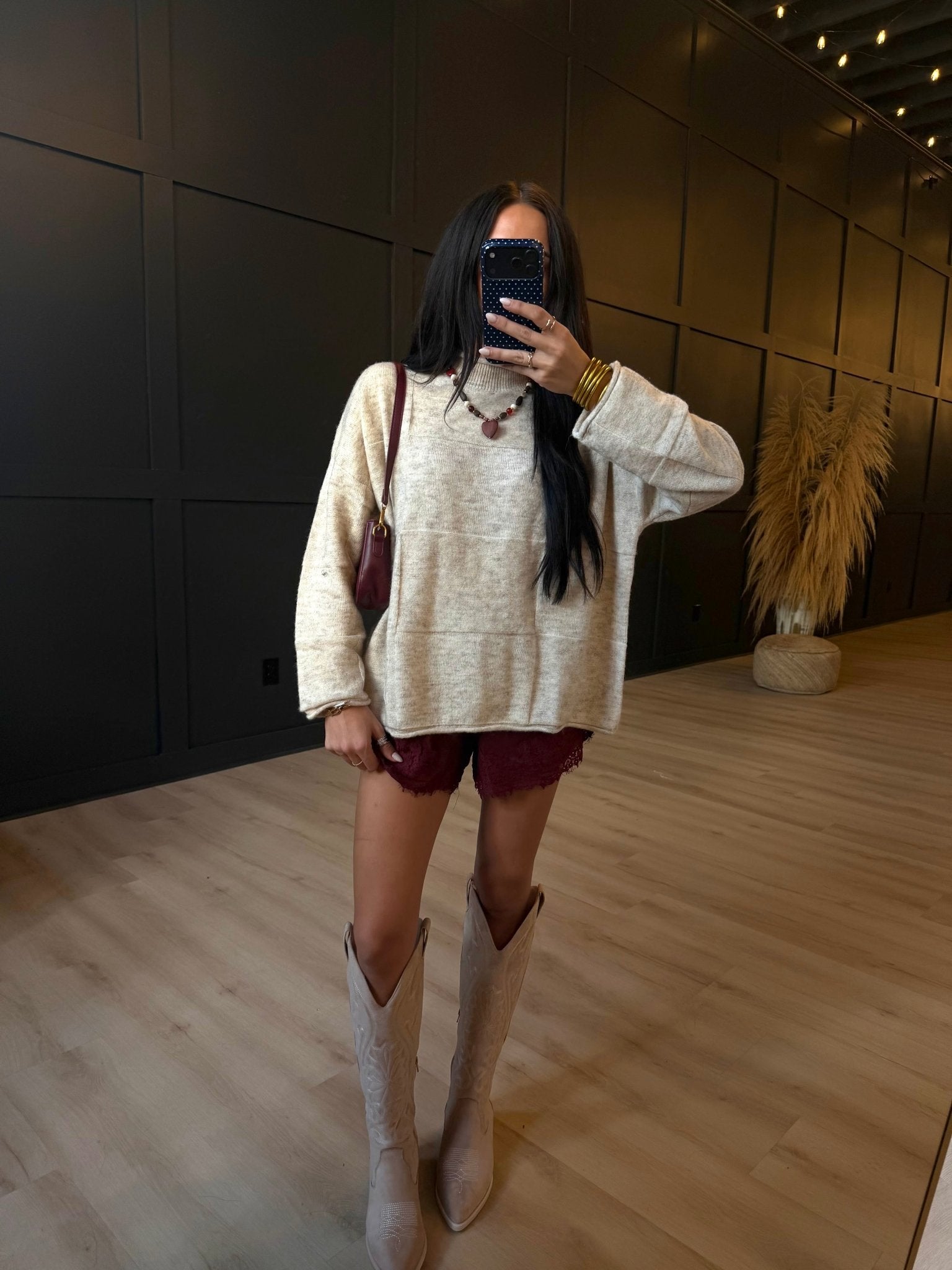 Heathered Checkered Texture Long Sleeve Sweater In Oatmeal - Infinity Raine