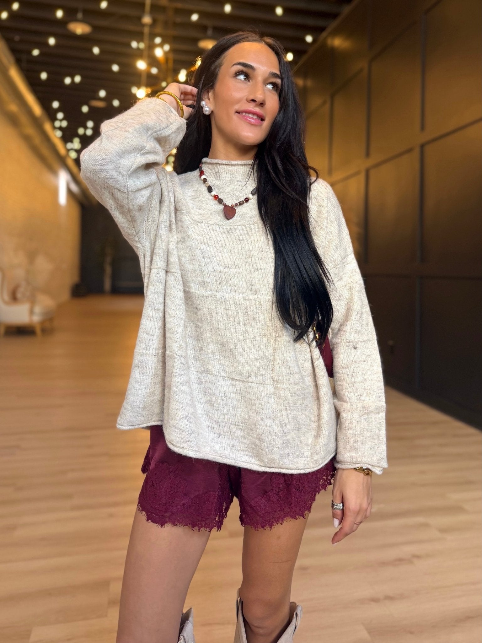 Heathered Checkered Texture Long Sleeve Sweater In Oatmeal - Infinity Raine