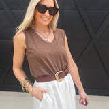 Heathered V Neck Sleeveless Knit Top In Brown - Infinity Raine