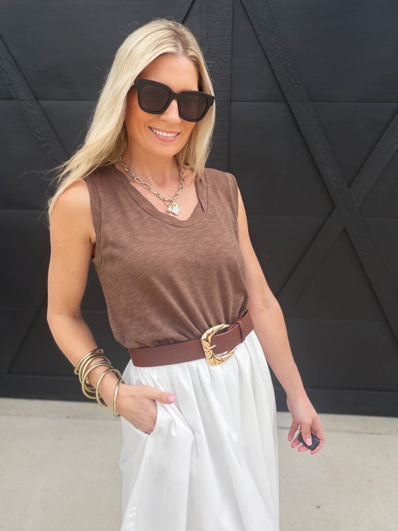 Heathered V Neck Sleeveless Knit Top In Brown - Infinity Raine