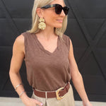 Heathered V Neck Sleeveless Knit Top In Brown - Infinity Raine