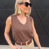 Heathered V Neck Sleeveless Knit Top In Brown - Infinity Raine