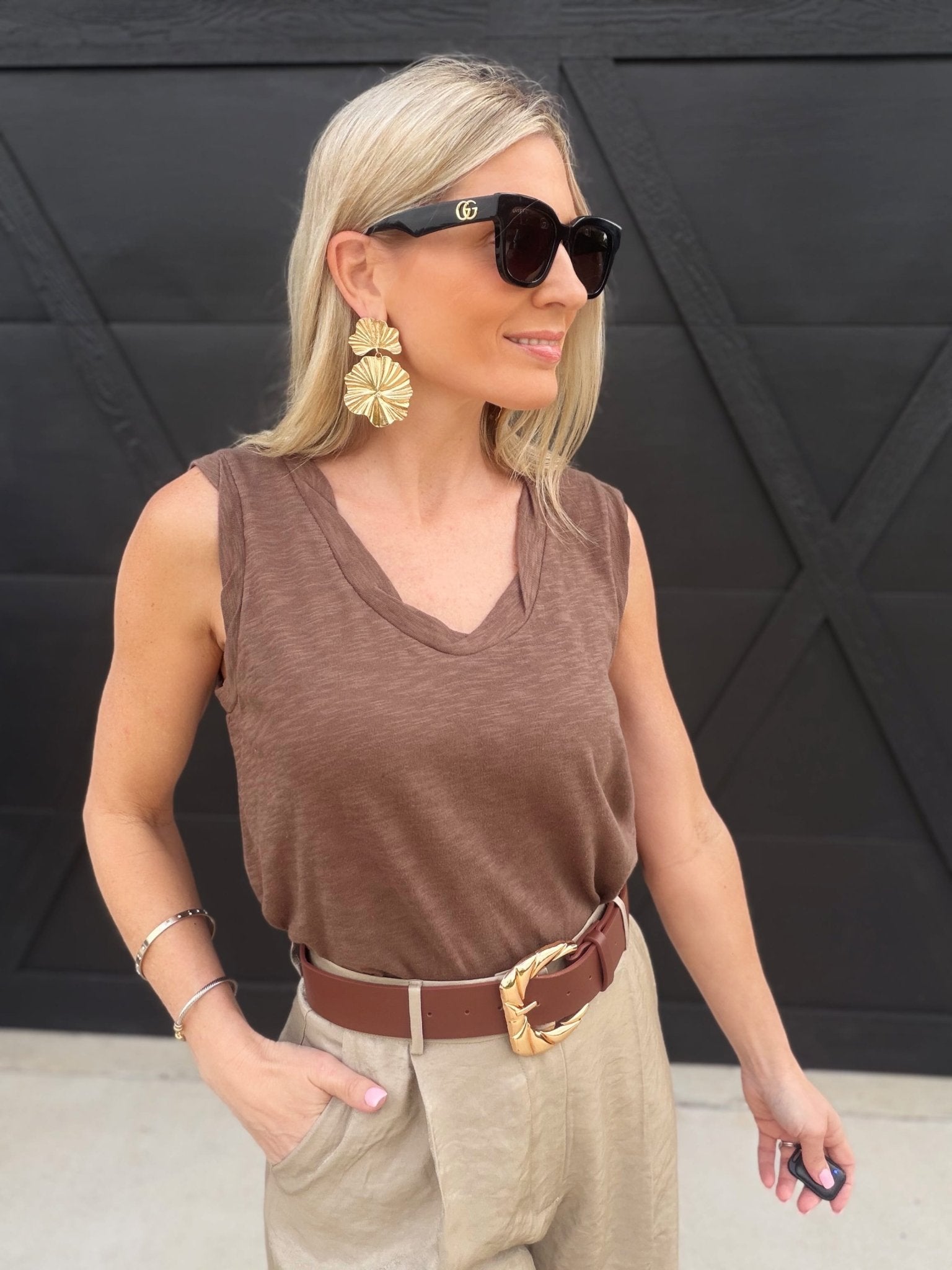 Heathered V Neck Sleeveless Knit Top In Brown - Infinity Raine