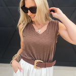 Heathered V Neck Sleeveless Knit Top In Brown - Infinity Raine