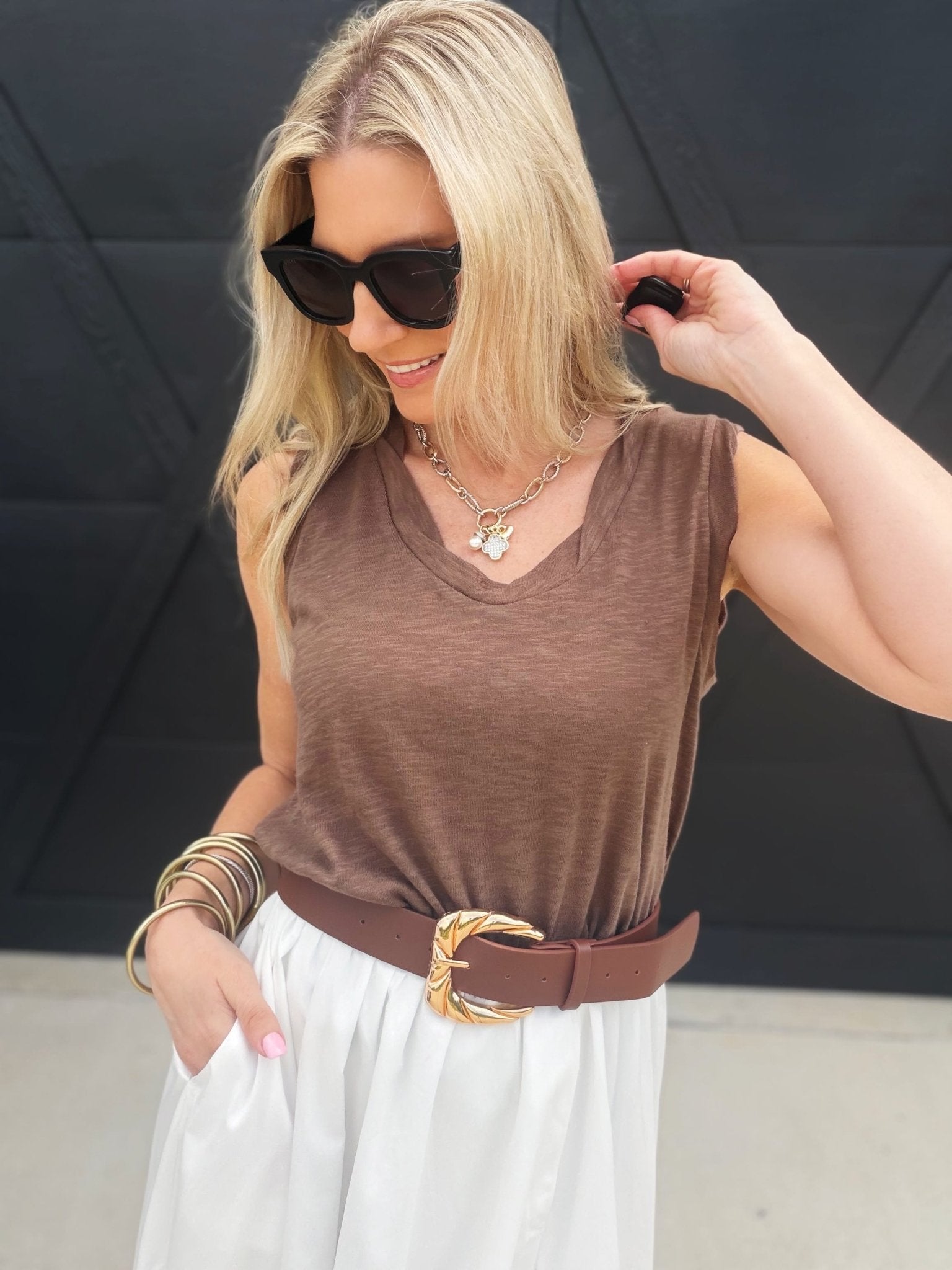 Heathered V Neck Sleeveless Knit Top In Brown - Infinity Raine