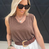 Heathered V Neck Sleeveless Knit Top In Brown - Infinity Raine