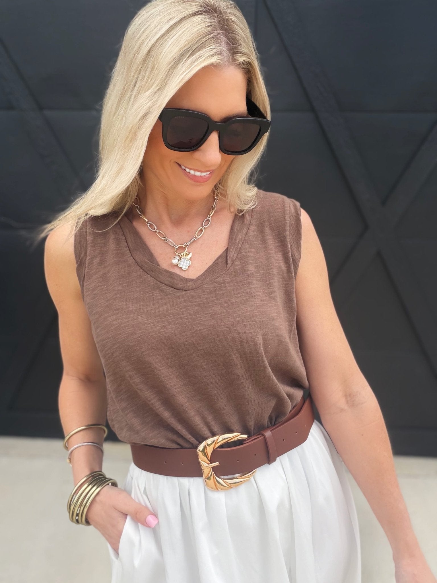 Heathered V Neck Sleeveless Knit Top In Brown - Infinity Raine